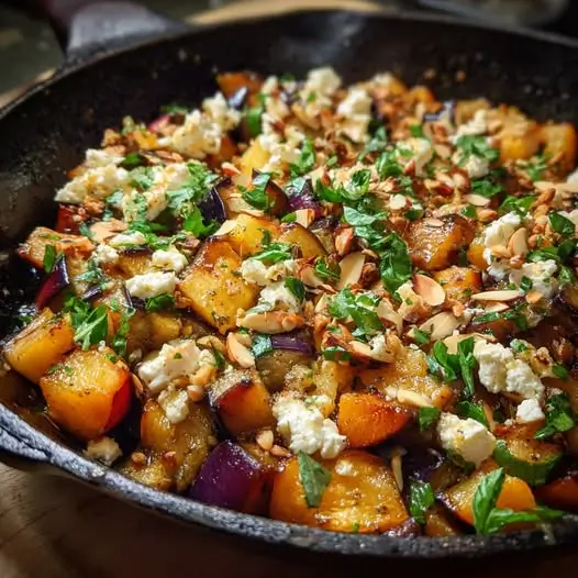 Poêlée d’Aubergines, Nectarine et Basilic, au Fromage de Chèvre Frais et Amandes