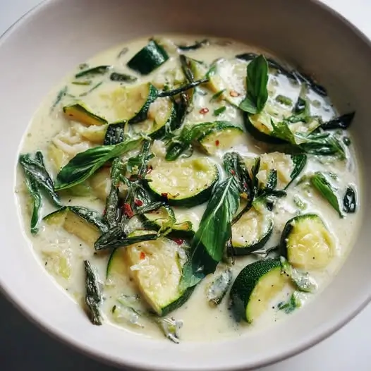 Curry Blanc d’Été aux Courgettes, Ail Rôti, Lait de Coco et Basilic Thaï