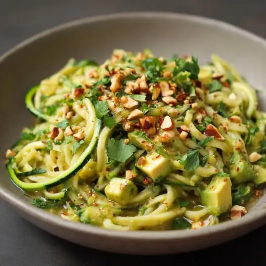 Tagliatelles de Courgette Crue, Avocat et Noisettes, Vinaigrette au Miso Blanc