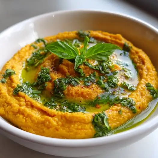 Houmous aux Lentilles Corail et Curry, Huile au Basilic Frais