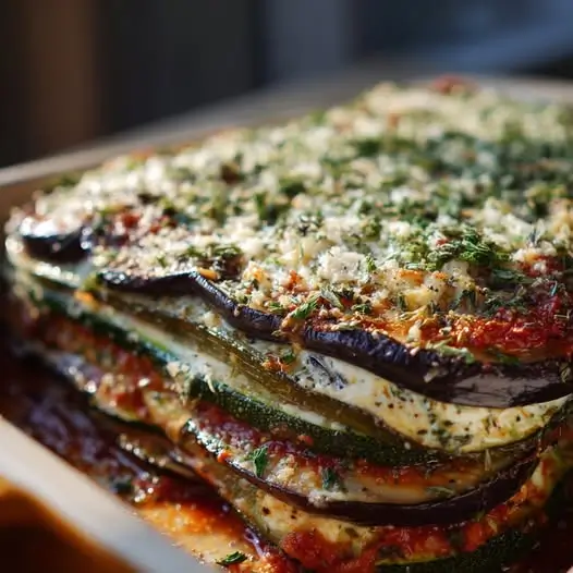 Lasagnes d’Aubergine à la Ricotta et Courgette Râpée, Herbes de Provence et Zeste de Citron