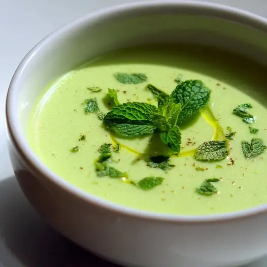 Velouté Froid de Courgette au Lait d’Amande, Menthe Fraîche et Zeste de Citron