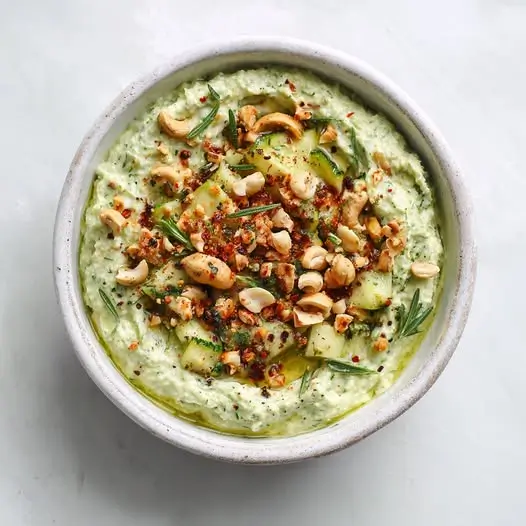 Dip Courgette-Ail-Romarin, Noix de Cajou Grillées et Piment Doux