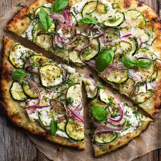 Scarpaccia Fine à la Courgette et Oignon Rouge, Crème de Feta et Basilic Frais