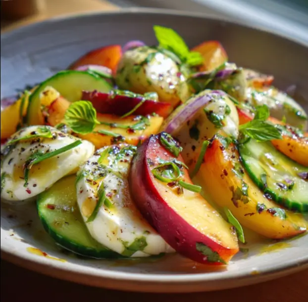 Salade d’Été Pêches, Concombre & Mozzarella, Vinaigrette au Miel de Lavande