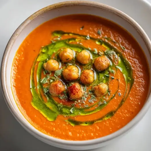 Crème de Pois Chiches et Poivrons Grillés à l'Huile de Basilic
