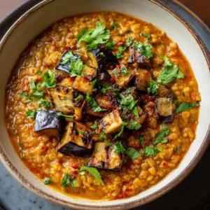 Ragoût de Lentilles Corail, Aubergines Grillées et Curry Doux