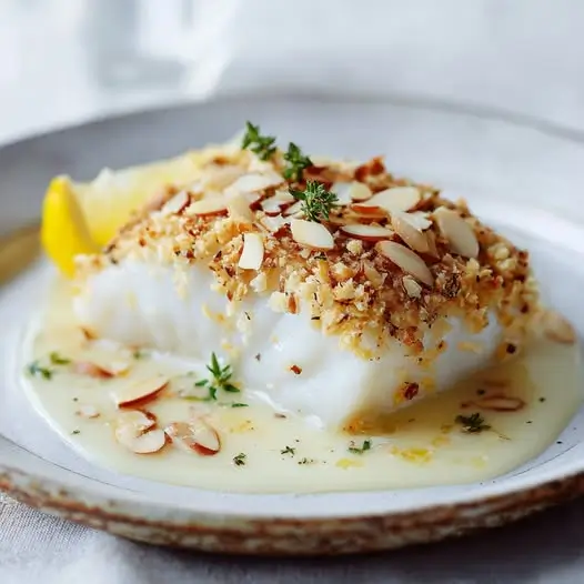 Cabillaud en Croûte d’Amandes, Sauce au Citron et Estragon