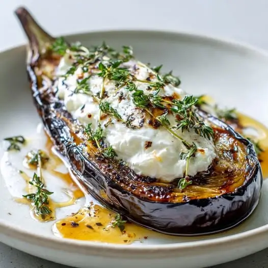 Aubergine Confite au Four, Miel et Thym, Crème de Feta Fouettée