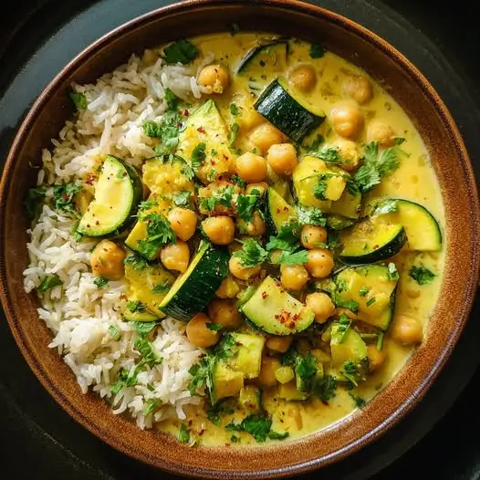 Pois Chiches Mijotés aux Courgettes, Sauce Lait de Coco et Curry Madras