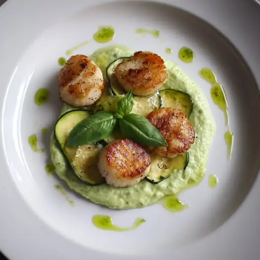 Noix de Saint-Jacques Snackées, Purée de Courgette et Huile de Basilic