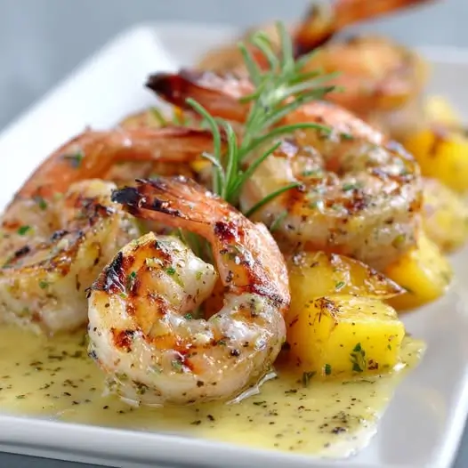 Gambas Grillées au Romarin, Sauce aux Pêches Blanches
