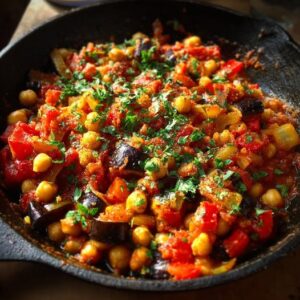 Poêlée de Pois Chiches au Cumin, Poivrons et Aubergines