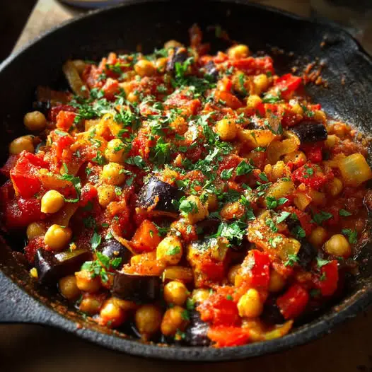 Poêlée de Pois Chiches au Cumin, Poivrons et Aubergines
