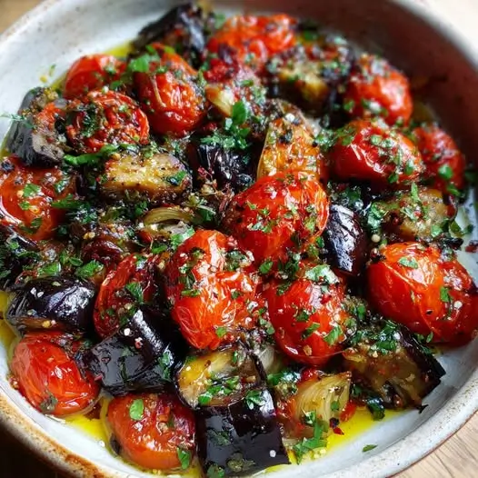 Aubergine Confite à l’Ail, Tomates Cerises et Origan