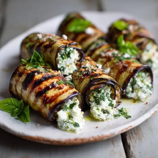Roulés d’Aubergines Grillées à la Ricotta et Herbes Fraîches