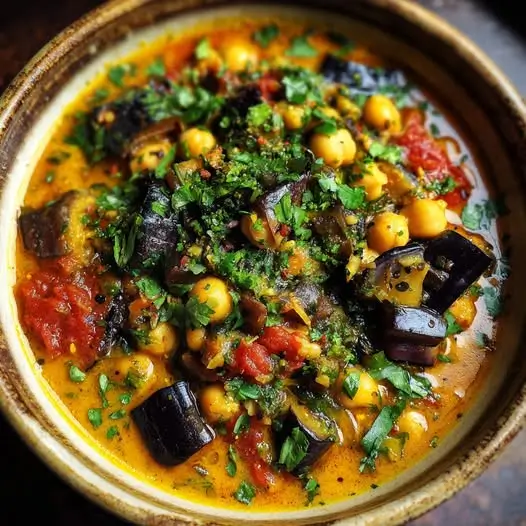 Curry de pois chiches, aubergines et coriandre fraîche
