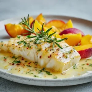 Filet de Cabillaud à la Pêche et Romarin, Sauce Beurre Blanc