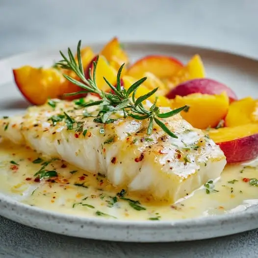 Filet de Cabillaud à la Pêche et Romarin, Sauce Beurre Blanc