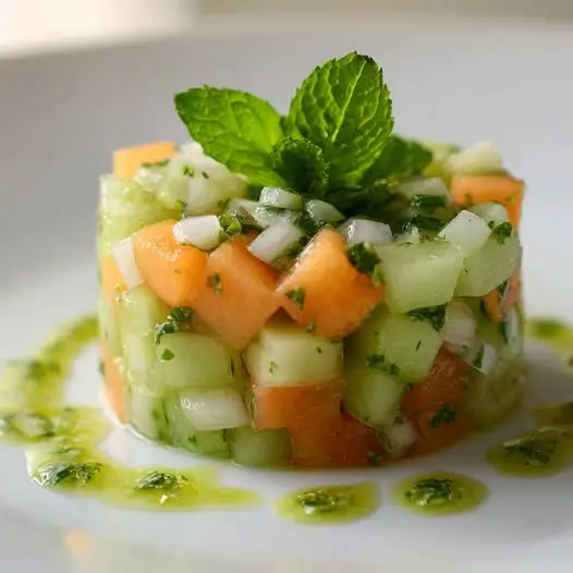 Tartare de melon et concombre, huile de menthe fraîche 