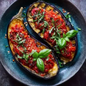 Aubergine au Four, Sauce Tomate Épicée et Basilic