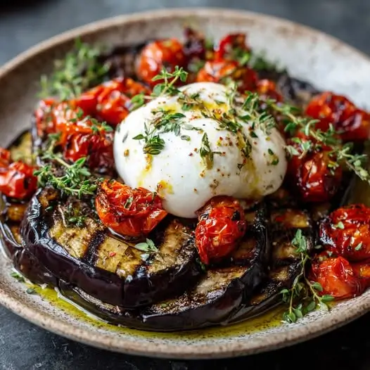 Aubergines Grillées au Thym, Burrata et Tomates Confites