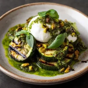 Courgettes grillées à la burrata et sauce pistache-basilic