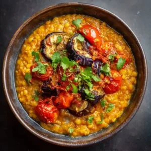 Dahl de Lentilles aux Tomates Rôties et Aubergines Fondantes