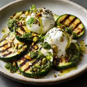 Courgettes Grillées, Stracciatella et Pesto de Pistaches