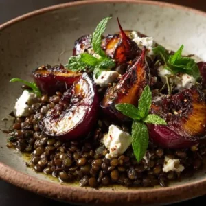 Salade Tiède de Lentilles, Prunes Rôties et Fromage de Chèvre