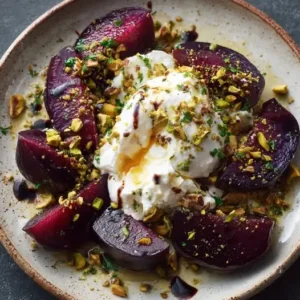 Salade de Prunes Rôties, Burrata et Pistaches Grillées