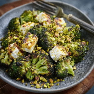 Brocolis Rôtis au Citron et Gingembre, Feta et Pistaches