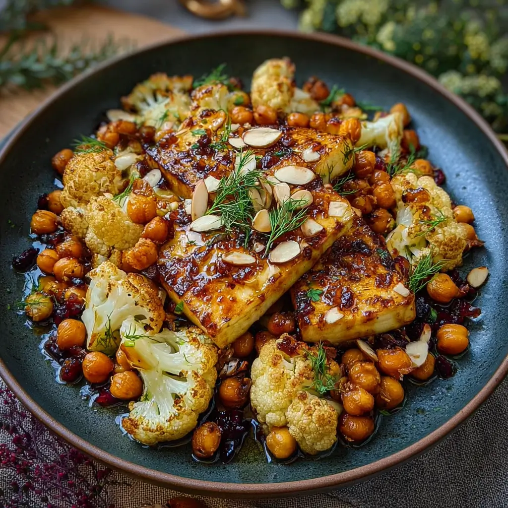 Chou-fleur Rôti au Miel et Curry, Halloumi Grillé et Amandes