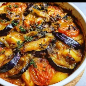 Casserole d’aubergines, de pommes de terre et de tomates