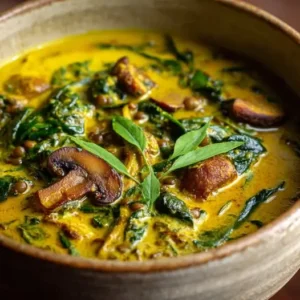 Curry Jaune aux Champignons, Épinards et Lentilles Corail