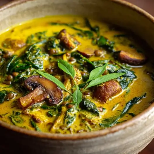 Curry Jaune aux Champignons, Épinards et Lentilles Corail