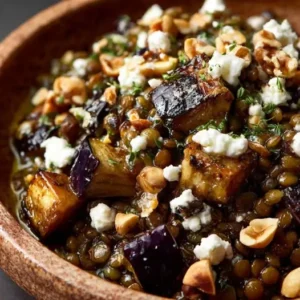 Salade Tiède de Lentilles, Aubergine Rôtie, Chèvre et Miel-Thym, Noisettes
