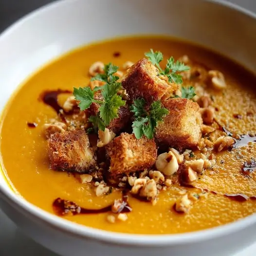 Velouté de Potimarron & Patate Douce, Croûtons aux Noisettes