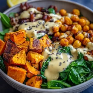 Bowl Épinards, Patate Douce et Pois Chiches Rôtis, Sauce Tahini-Citron