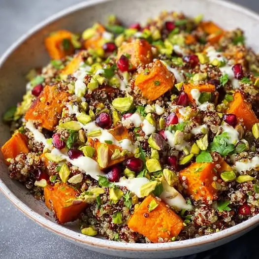 Salade festive de quinoa, patate douce, pistaches et grenade