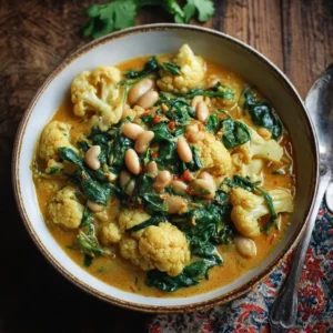 Curry de Chou-Fleur, Épinards et Haricots Blancs au Lait d'Amande
