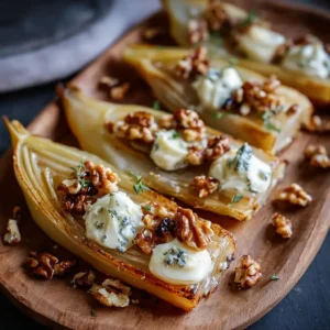 Croustillant d'endives et de poires caramélisées, crème de Roquefort et noix