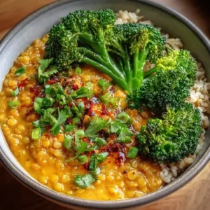 Bowl de Lentilles Corail, Brocoli Vapeur et Sauce Coco-Citronnelle