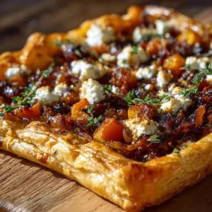 Tarte Rustique à la Courge, Oignons Caramélisés et Chèvre Frais