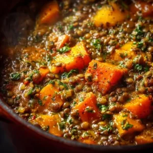 Cocotte de Lentilles Vertes, Carottes et Courge Dorée
