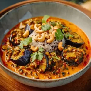 Curry Rouge Végétal : Aubergine, Lentilles Corail et Noix de Cajou