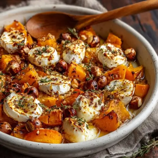 Butternut Rôtie aux Pommes, Chèvre Fondu et Noisettes Grillées
