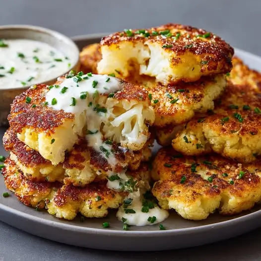 Galettes de Chou-Fleur au Parmesan Croustillantes, Sauce Yaourt Citronné