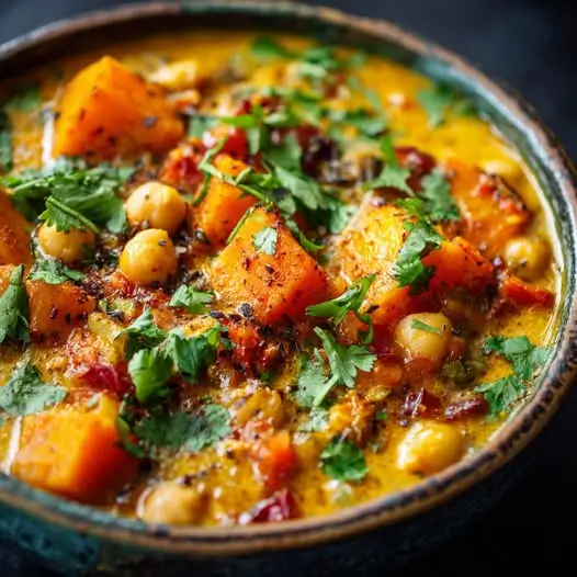 Ragoût Automnal : Courge Fondante, Pois Chiches et Lait de Coco