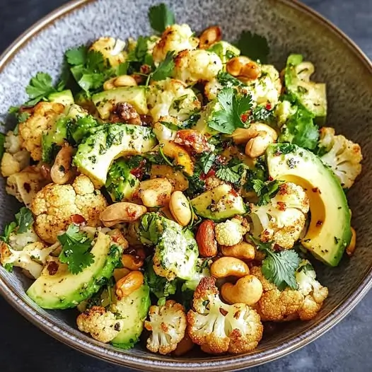 Salade Hivernale : Chou-Fleur Rôti Épicé, Avocat et Noix de Cajou Croustillantes